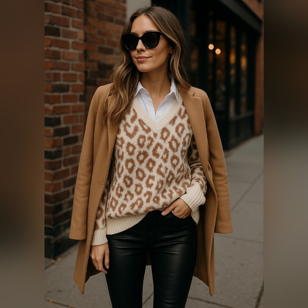 UGG Cecilia Cream Brown Leopard V-Neck Sweater Cozy Winter Street Chic
